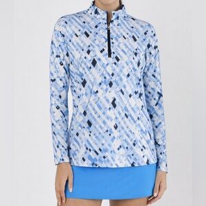 SanSoleil SolCool UV 50+ Cooling Golf Shirt 1/4 Zip Mock Neck Blue Print Large